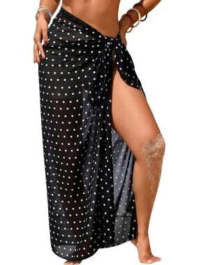 Women's Black With White DotsSwimsuit High Slit Summer Floral Print Wrap Beach